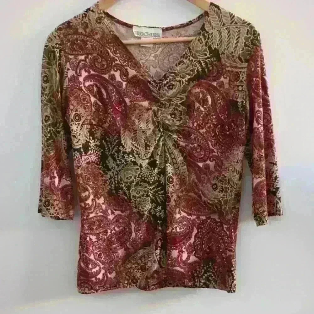 🌴2/$25🌴BROCHURE | Women's Red/Tan/Black Floral 3/4 Length Sleeve Ruched Top